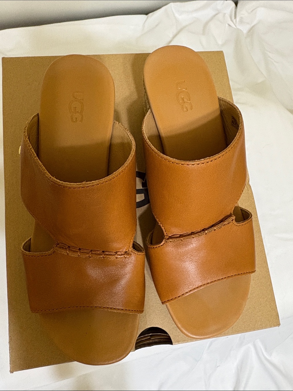 UGG Women's Cognac Leather Double-Band Slide Mules